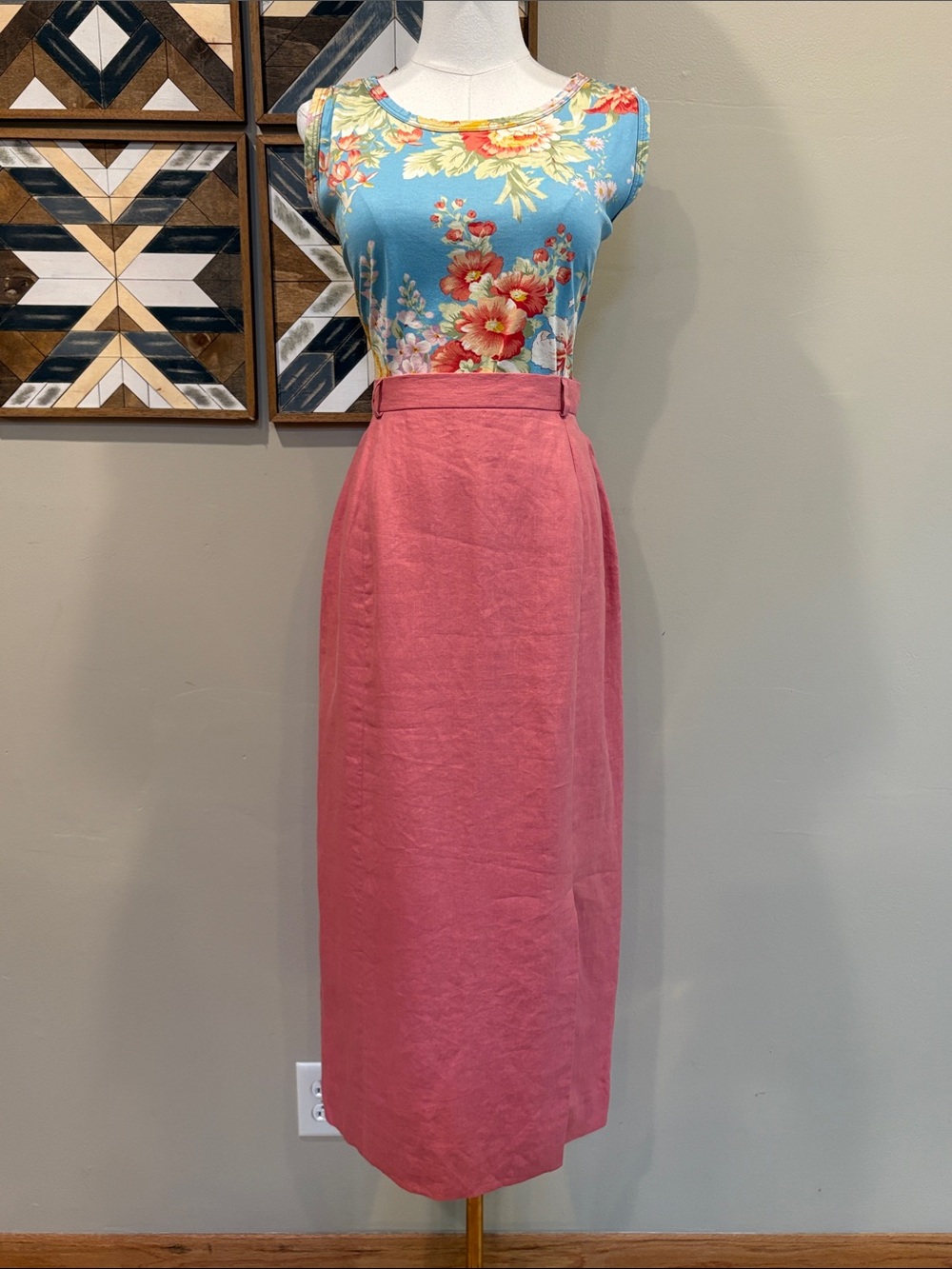 Vintage Ralph Lauren Blue Label 80s Coral Pink Linen Pencil Skirt 12 / Medium